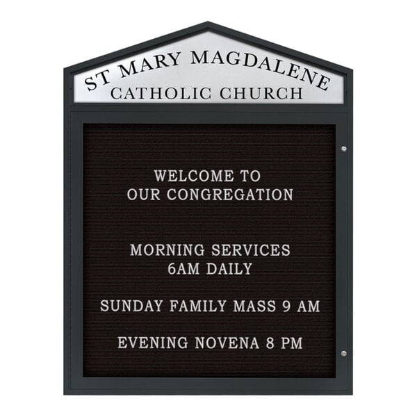 A United Visual Products black double-sided enclosed outdoor cathedral letterboard with a message on it.