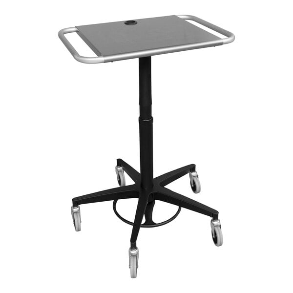 A black and silver Omnimed mobile laptop stand on a black rolling base.