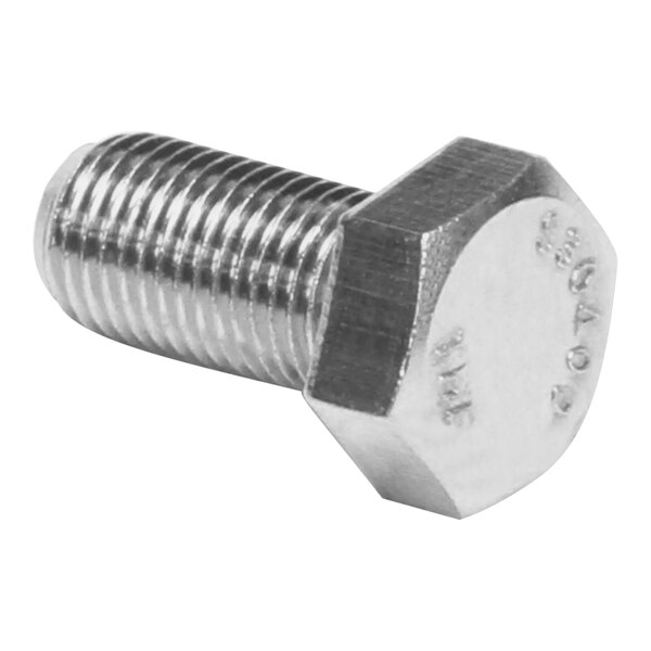 A close-up of a stainless steel screw with a thread.