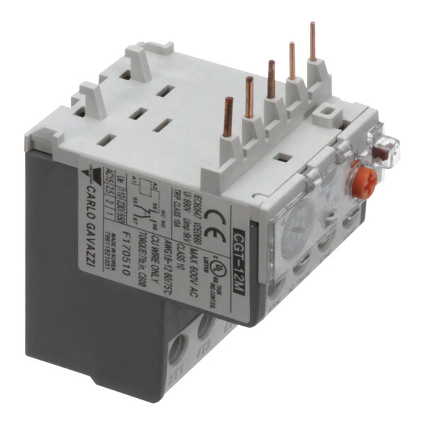 A grey and white CMA Dishmachines overload relay with two wires.