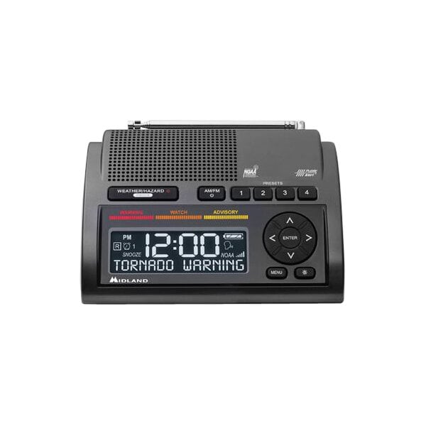 A black radio with a digital clock display.