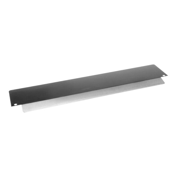 A black metal rectangular splash guard with holes on a white background.