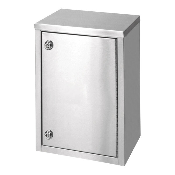 A silver stainless steel wall-mounted Omnimed narcotics cabinet with two doors.