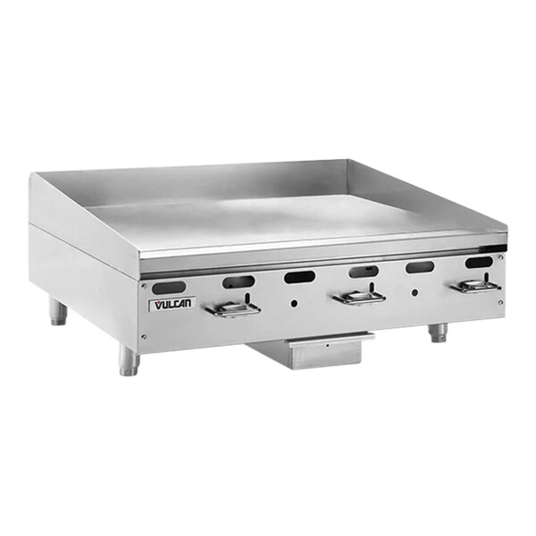 A large stainless steel Vulcan liquid propane griddle with manual controls.