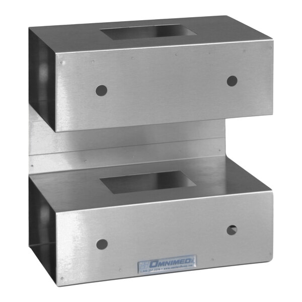 A rectangular stainless steel box with two holes on each side.