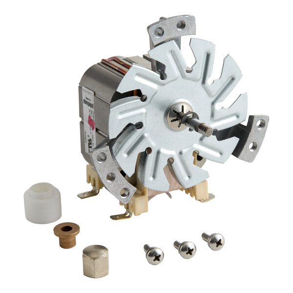 A motor kit with a metal fan blade, mounting hardware, and various components for Moffat equipment.