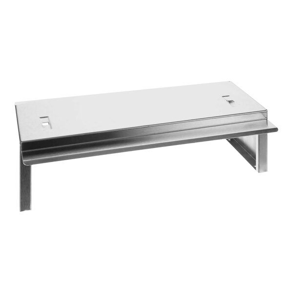 A silver metal rectangular shelf with a white background.