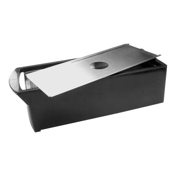 A black rectangular container with a silver metal lid.