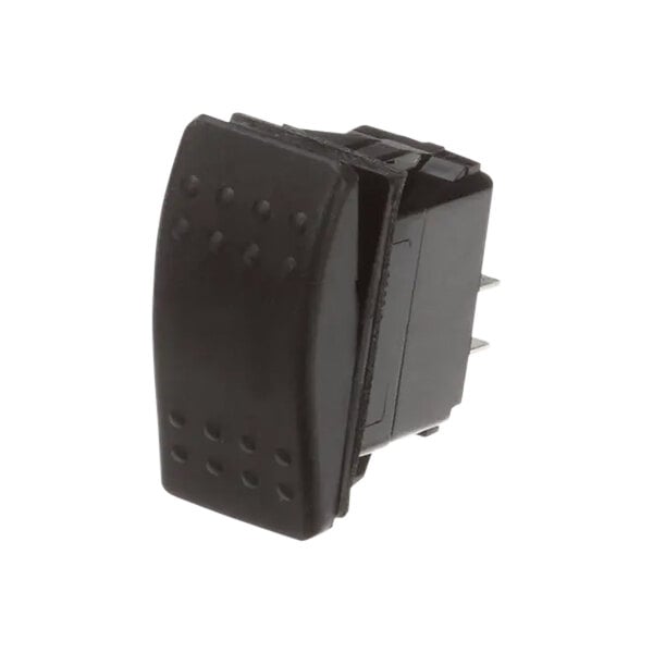 A black rocker switch with holes in a metal cover.