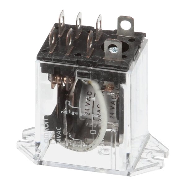 A Frymaster 24Vac DPDT relay in a clear plastic box with a black and silver metal case.