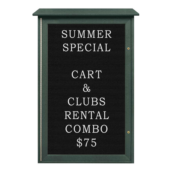 A United Visual Products message center with white text on a black felt letterboard in a green frame.