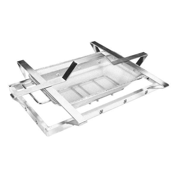 A stainless steel metal mesh tray with handles.