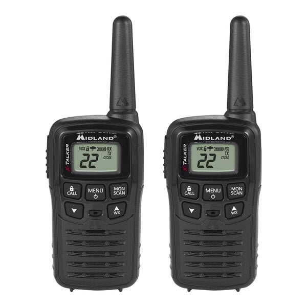 Two black Midland X-TALKER walkie talkies.