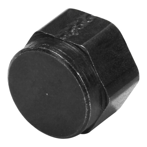 A black metal round-faced nut.