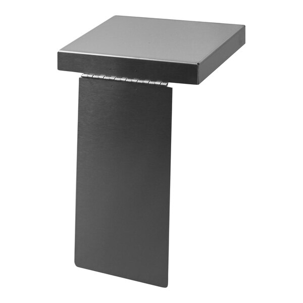 A black rectangular table with a metal frame holding a silver Omnimed Stainless Steel Vapor Shield.