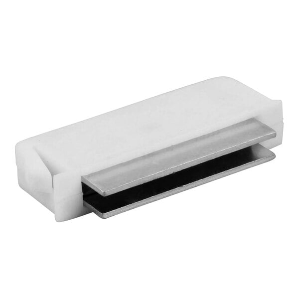 A white plastic Frymaster door magnet connector with a metal rectangular clip.