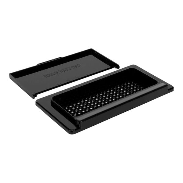A black rectangular Bunn flip lid tray with text on it.