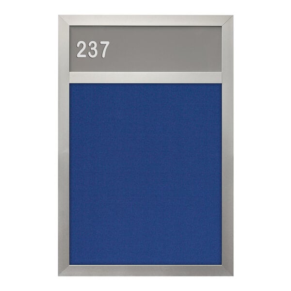 A blue board with a silver frame and blue felt for hall identification.