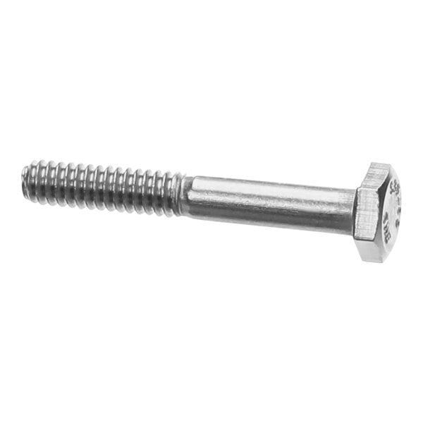 A close-up of a CMA Dishmachines stainless steel hexhead bolt.