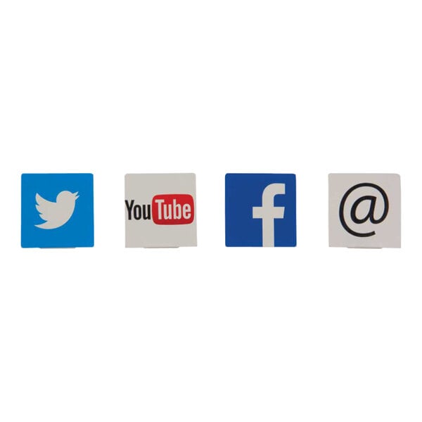 A group of square white social media icons including a blue square with a white letter f and a white bird on a blue background.