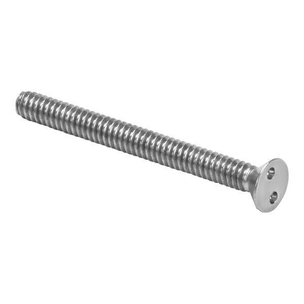 A close-up of a stainless steel Accutemp screw with a white background.