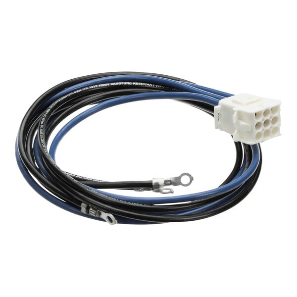 A Frymaster wiring harness with a black and blue cable and a white connector.