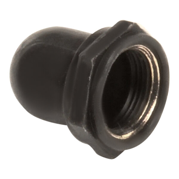 A close-up of a black rubber boot with a threaded nut.