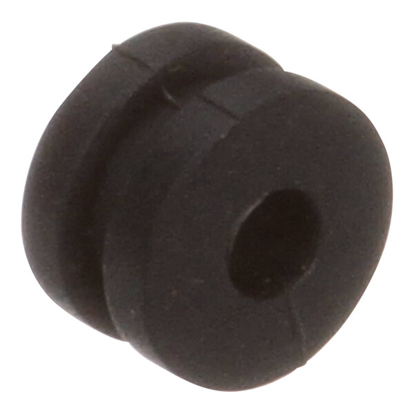 A black rubber oval grommet with a hole in the middle.