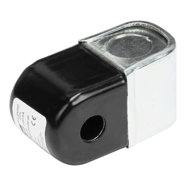 A black and silver metal solenoid coil with a hole in a metal clamp.