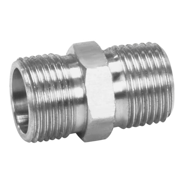 A stainless steel CMA Dishmachines 1/2 Comp X 3/8 Mip Adapter.