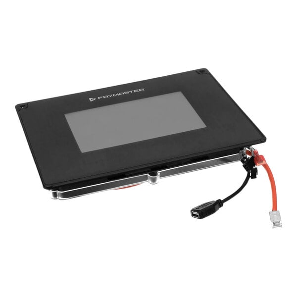 A black rectangular Frymaster controller with a black and red screen cable.