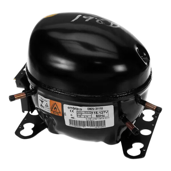 A black Beverage-Air compressor with a white label.
