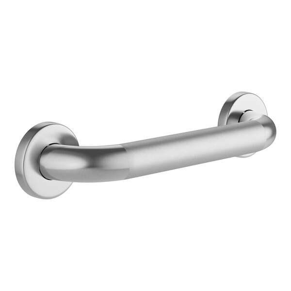 A close-up of a Lavex silver metal restroom grab bar with a peened grip.