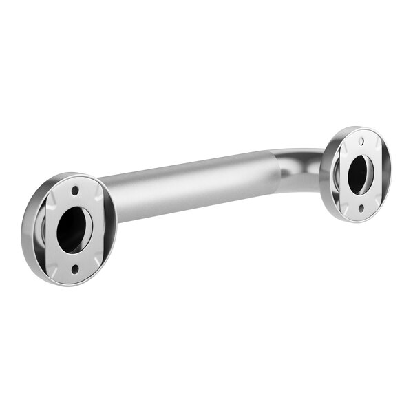 A silver metal Lavex grab bar with peened grip and holes.