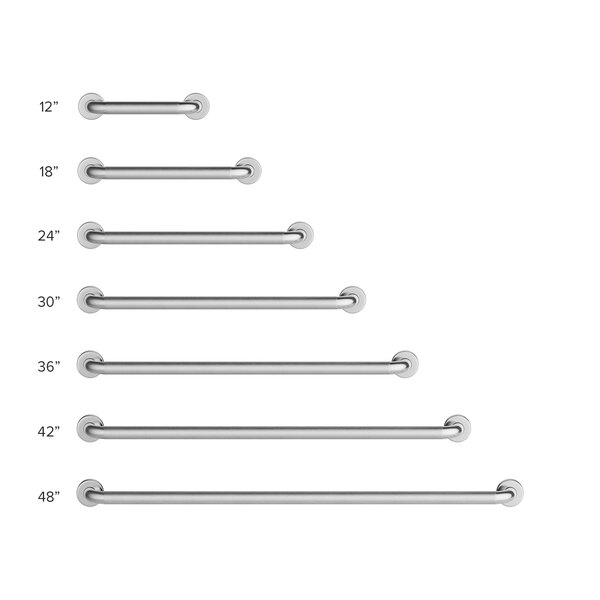 A row of stainless steel Lavex restroom grab bars with peened grips.