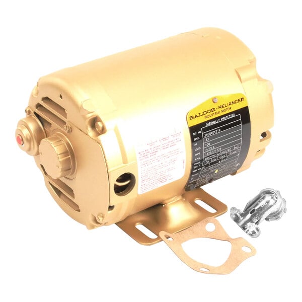 A gold electric motor with a metal housing and a black label.