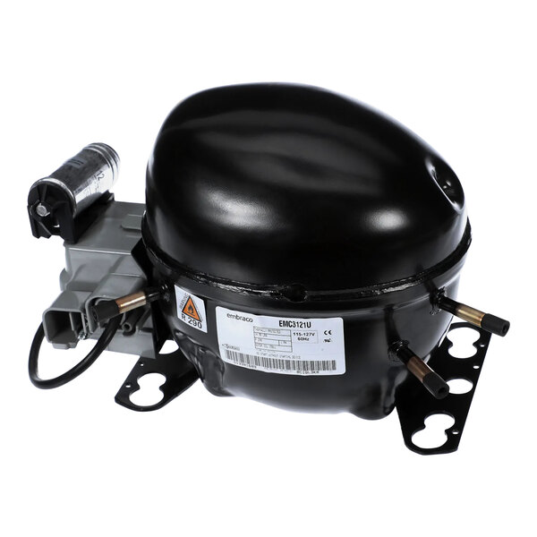 A black air compressor with silver accents and a hose attached.