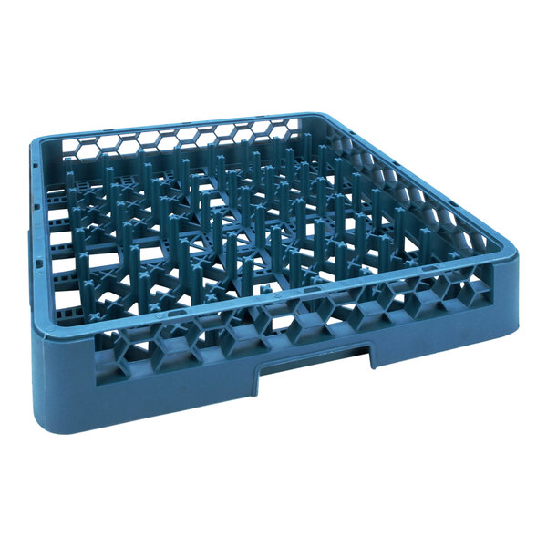 A blue plastic CMA Dishmachines all purpose rack with holes.