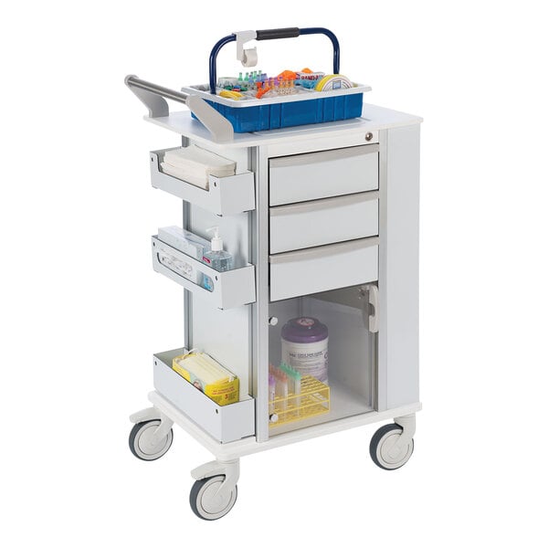 An Omnimed medical cart with a blue tray.