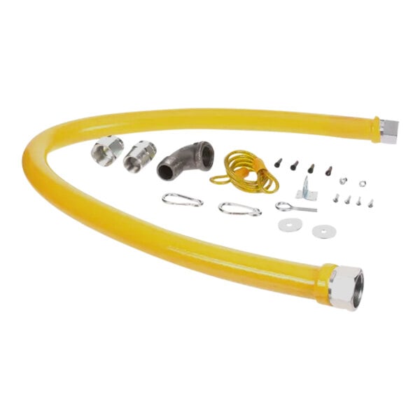 A yellow Frymaster gas line hose with various metal parts.