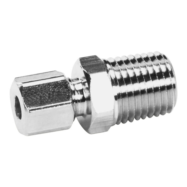 A Frymaster 3/16 CC x 1/4 NPT stainless steel threaded pipe fitting.