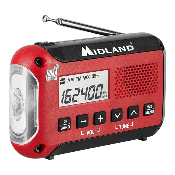 A red and black Midland E+READY emergency weather alert radio.