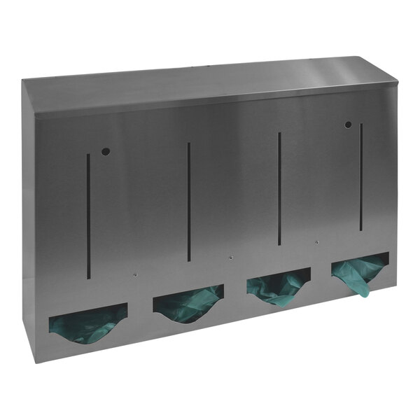 A stainless steel Omnimed PPE dispenser with 4 compartments.