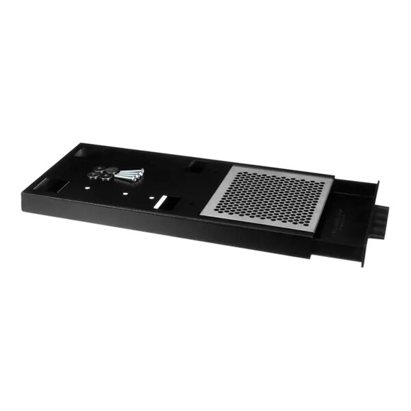 A black rectangular tray/base assembly with a small metal plate on top.