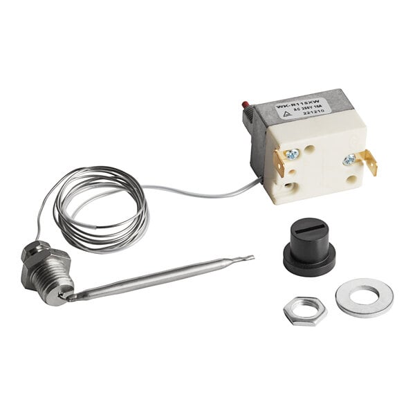 A Cooking Performance Group high limit thermostat with a wire and a nut.