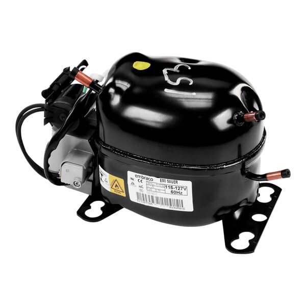 A black and silver Beverage-Air Embraco Emi50Uer air compressor.