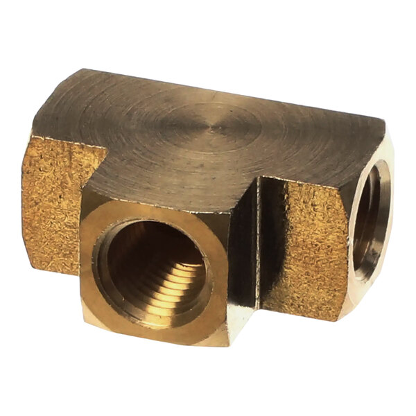 A gold brass threaded pipe fitting with a nut.