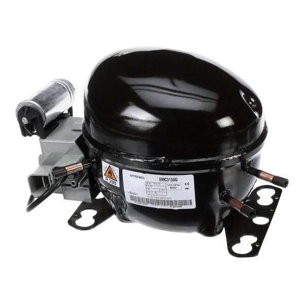 A black and silver Beverage-Air compressor.