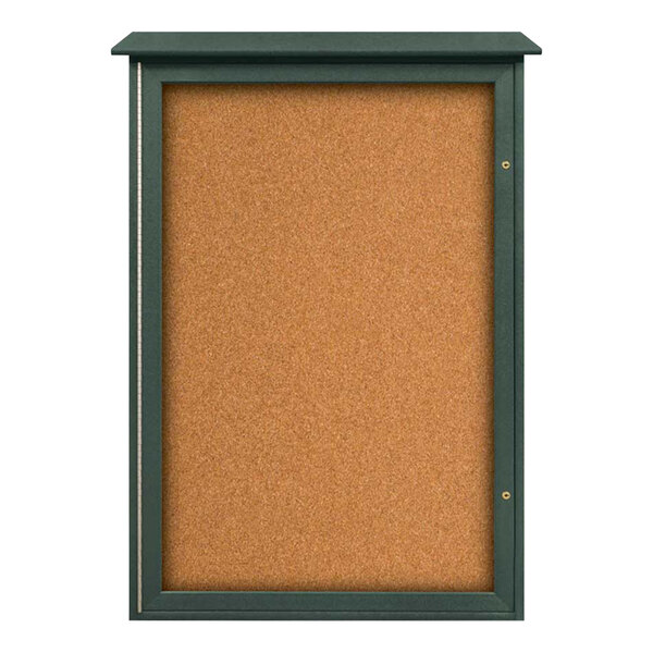 A corkboard with a green frame.