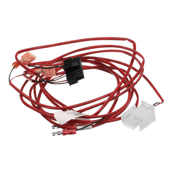 A red wire harness with two connectors.